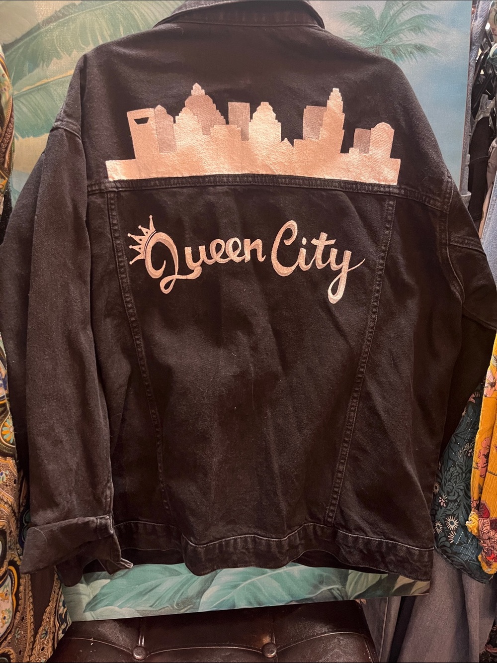 Boohoo Black Denim Jacket with Skyline "Queen City"